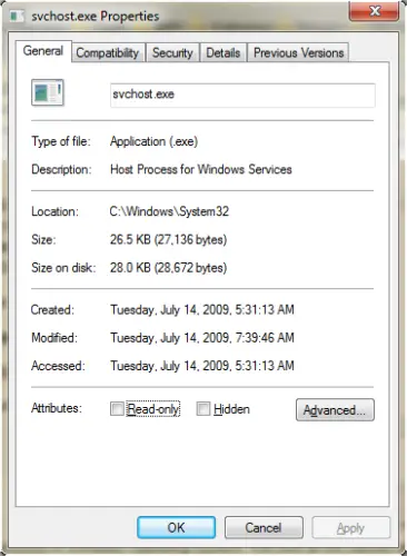 svchost.exe process properties