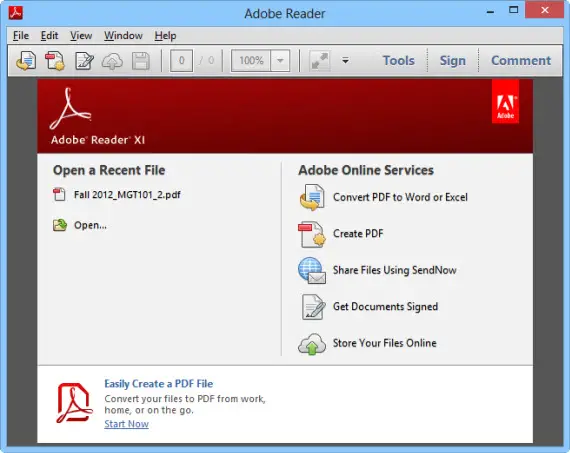 Adobe Reader start screen
