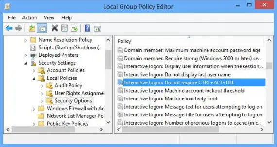 Local group policy editor enabling secure logon in Windows 8