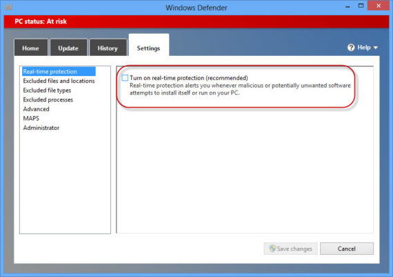 turn off real-time protection in Windows Defender