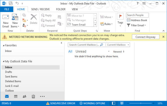 Outlook metered network warning