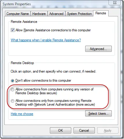 remote connection in windows 7