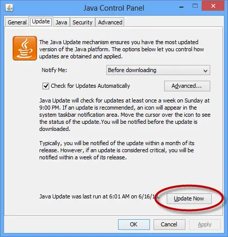 Java control panel update tab