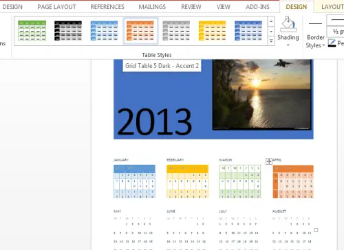 word 2013 calendar