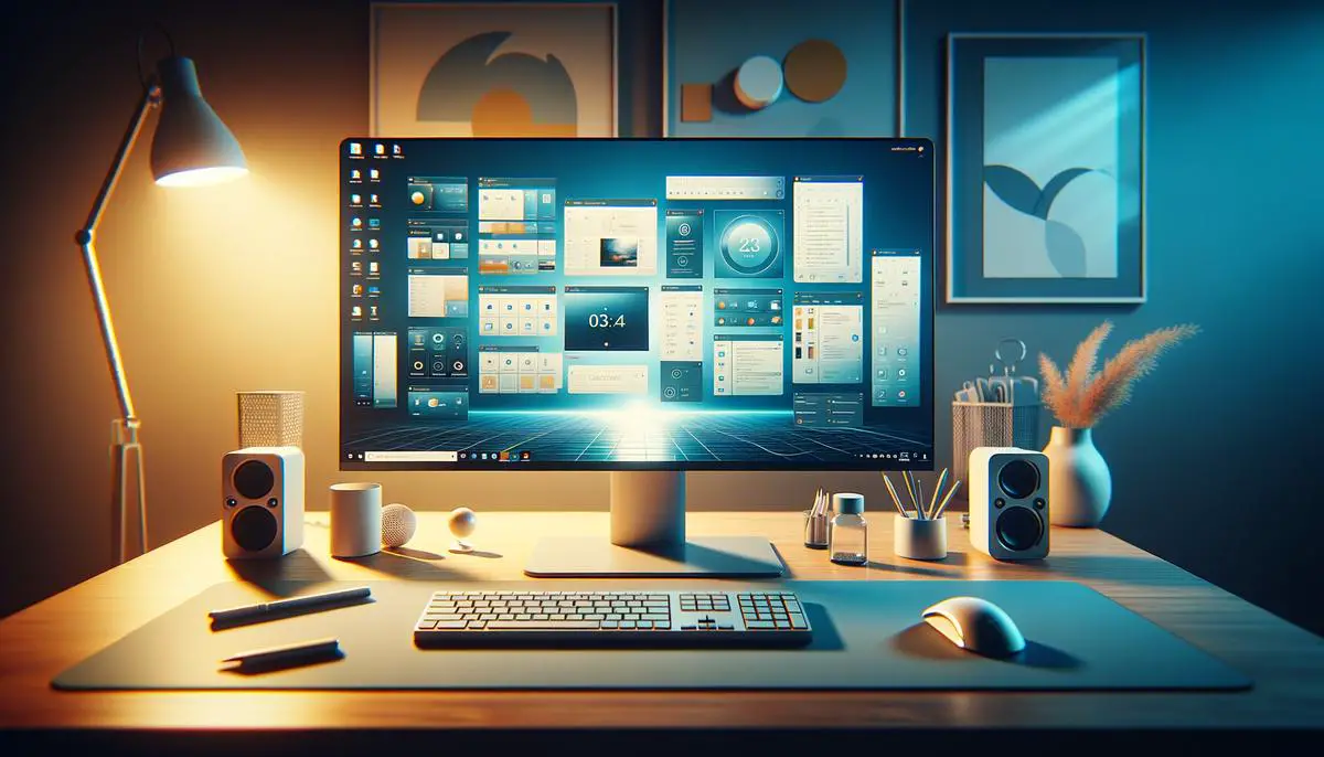 A background image related to Windows 11 Virtual Desktops, showing a sleek and modern virtual desktop setup