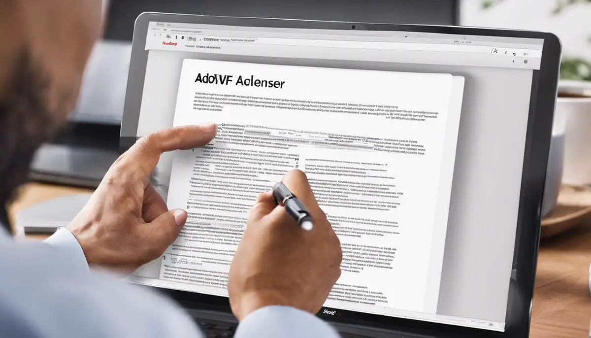 An image showing a person using the Adobe Reader extension in their browser, interacting with a PDF form, highlighting text, and signing a document.