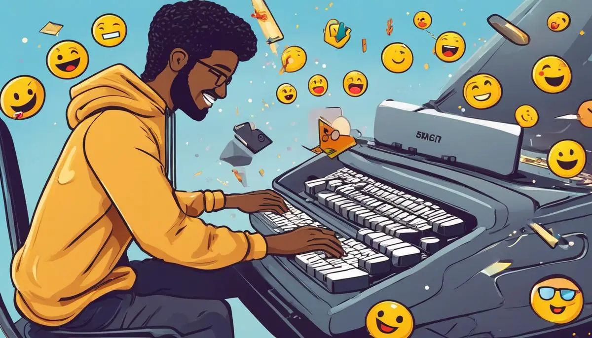 Illustration of a person typing on a keyboard with emojis flying out of it.