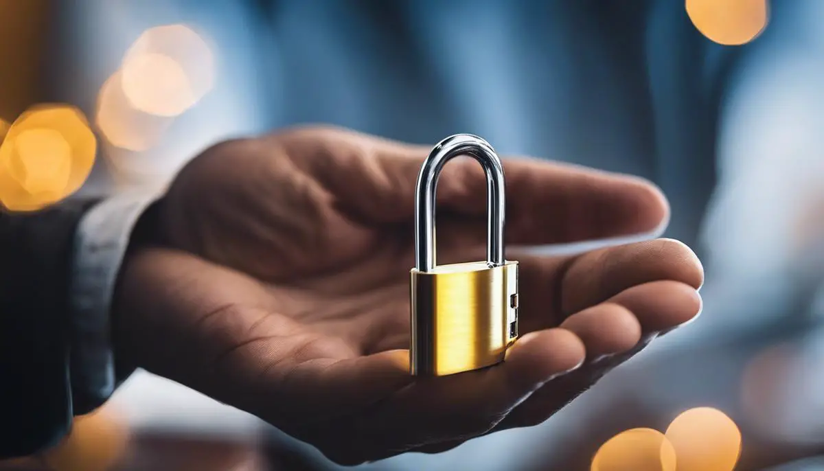 An image of a person holding a padlock, representing securing data before upgrading to Windows 11 for visually impaired individuals