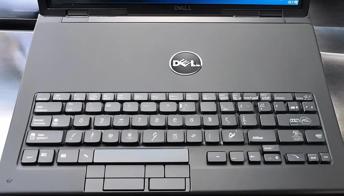 An image showing the power button on a Dell laptop, located on the keyboard with an embedded LED indicator