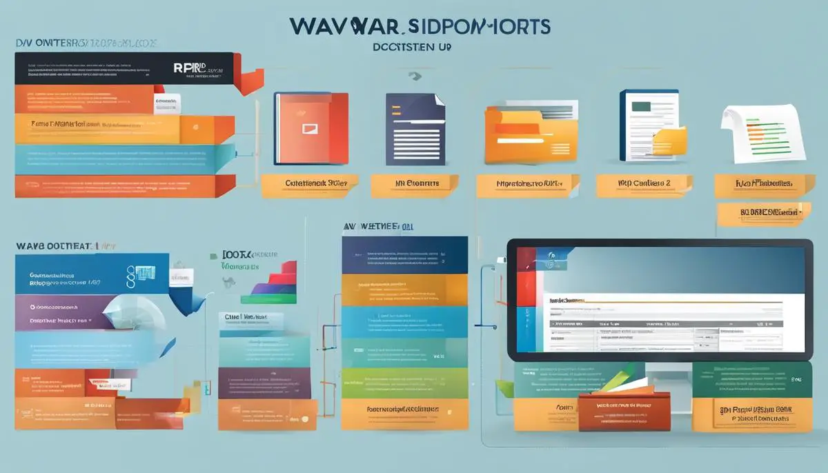 Illustration showing different file formats like WAV, BMP, JPG, DOCX, DOTX, RTF, ODT, TXT, HTML, and PDF, representing the variety of types when converting documents between different formats.