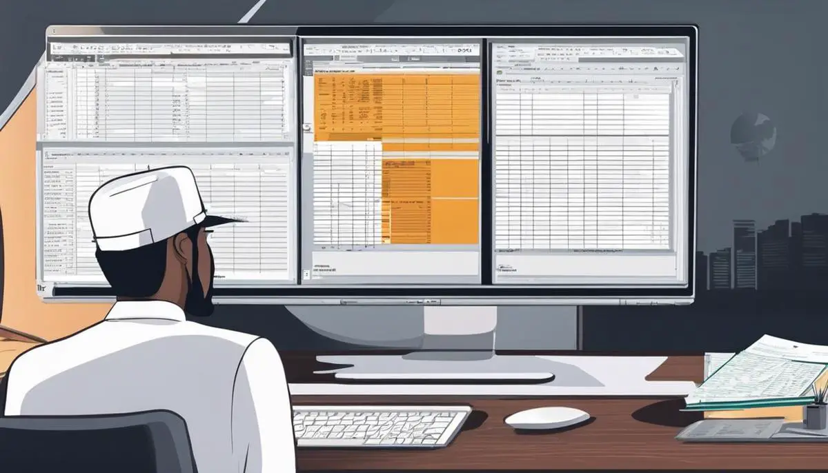 Illustration of a person looking at a spreadsheet on a computer screen, trying to identify a watermark.