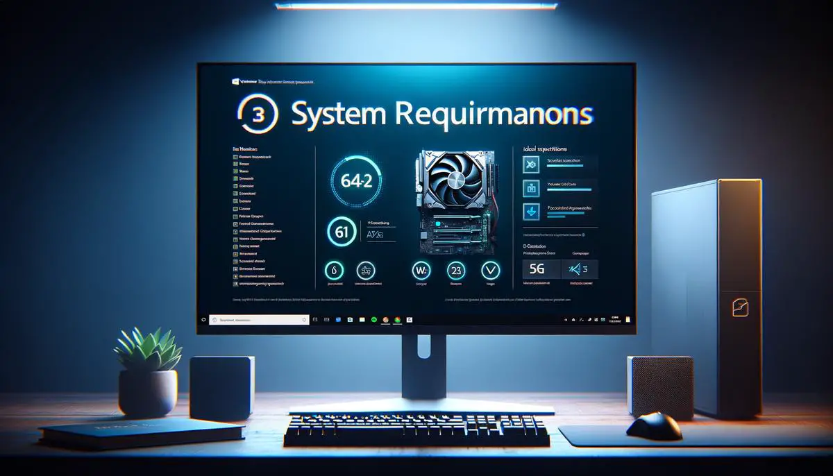 A desktop computer with the text 'system requirements' on the screen, showcasing the ideal specifications for gaming on Windows 11