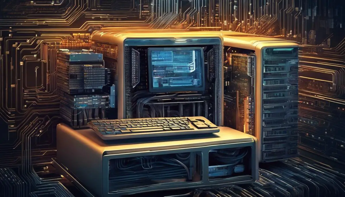 Illustration of a virtual machine in the shape of a computer inside another computer, representing the concept of virtualization.