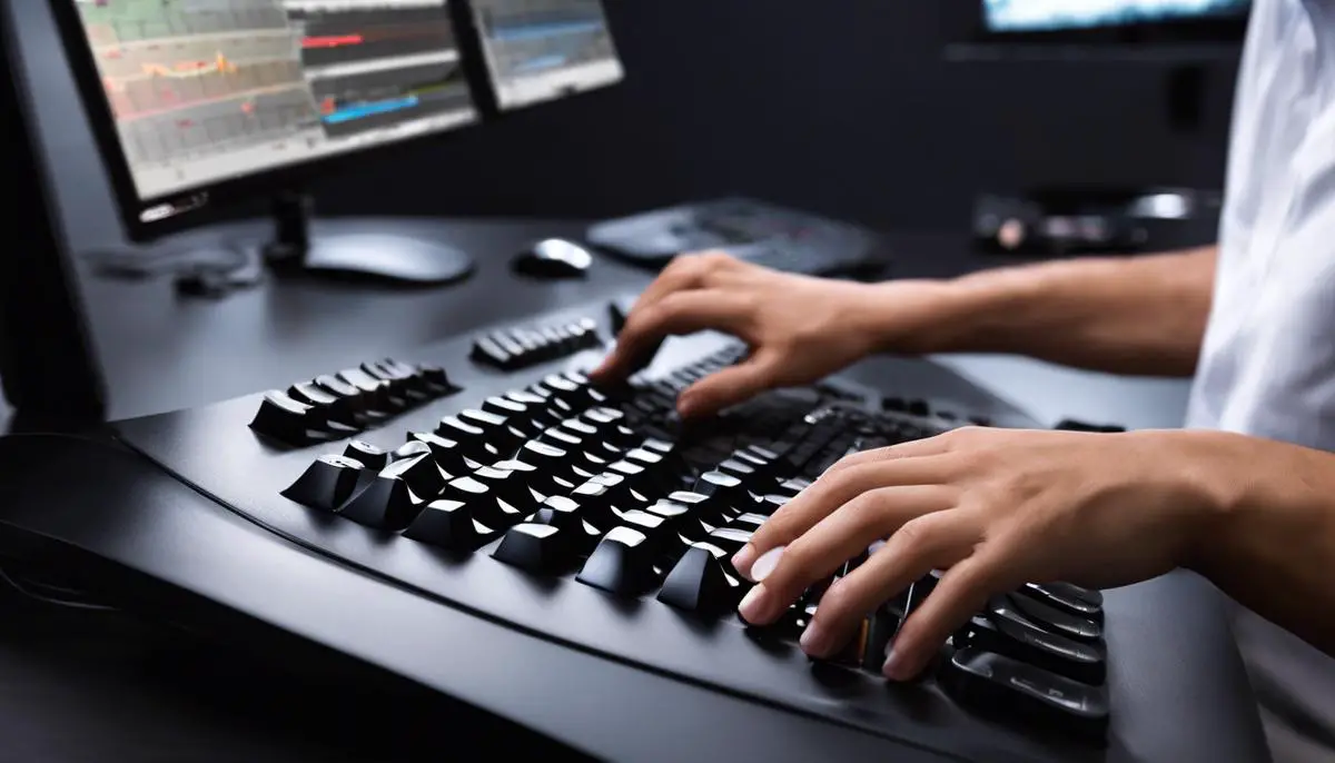 Image depicting a person adjusting the volume on a keyboard with media keys and a volume dial.