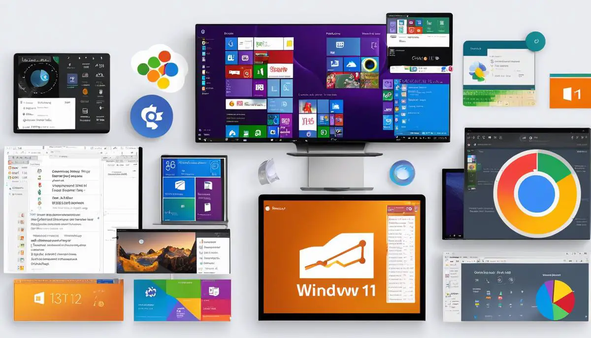 A graphic showing different widgets and productivity tools in Windows 11