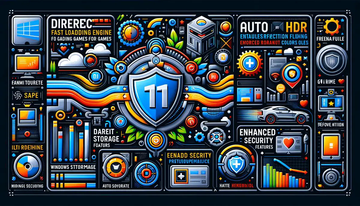 Image depicting various Windows 11 features like DirectStorage, Auto HDR, and Enhanced Security Features for a visually impaired individual to understand the context of the article