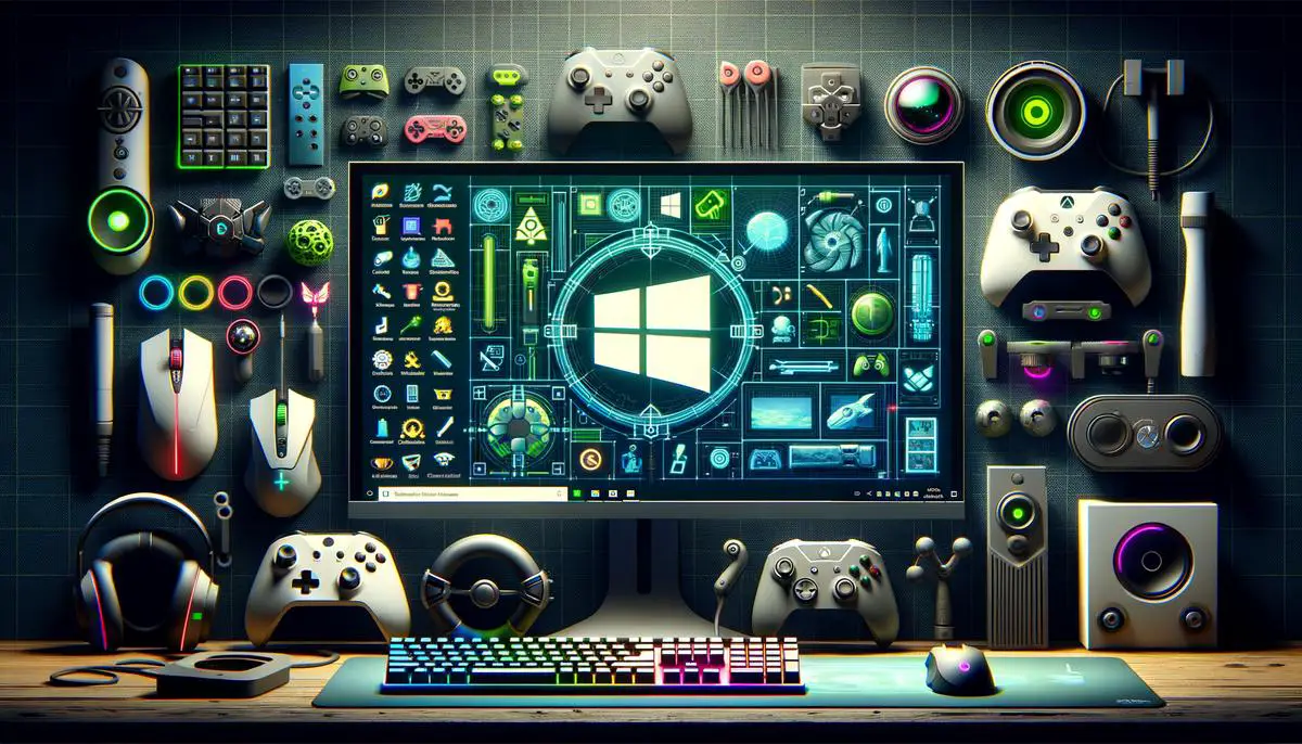 Image of a Windows 11 interface showcasing various gaming peripherals and controllers