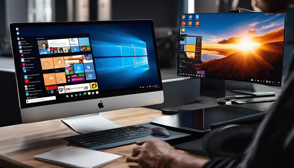 An image showing a person seamlessly transitioning from a computer with Windows 10 to a computer with Windows 11