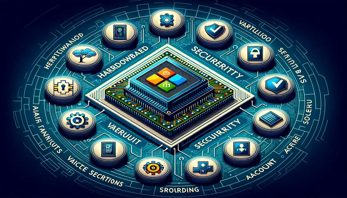 Image of Windows 11 security features including hardware-based security, VBS, Secure Boot, and account security