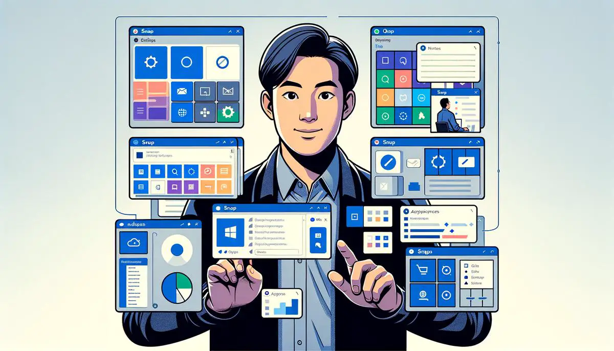 Illustration of a person using Snap Layouts on Windows 11 for multitasking purposes