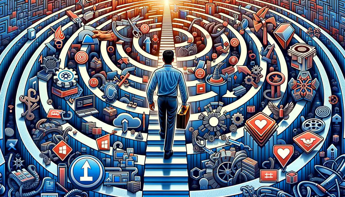 Illustration of a person with a toolbox navigating through a maze of computer update symbols and roadblocks, representing effective resolution strategies for Windows 11 updates.