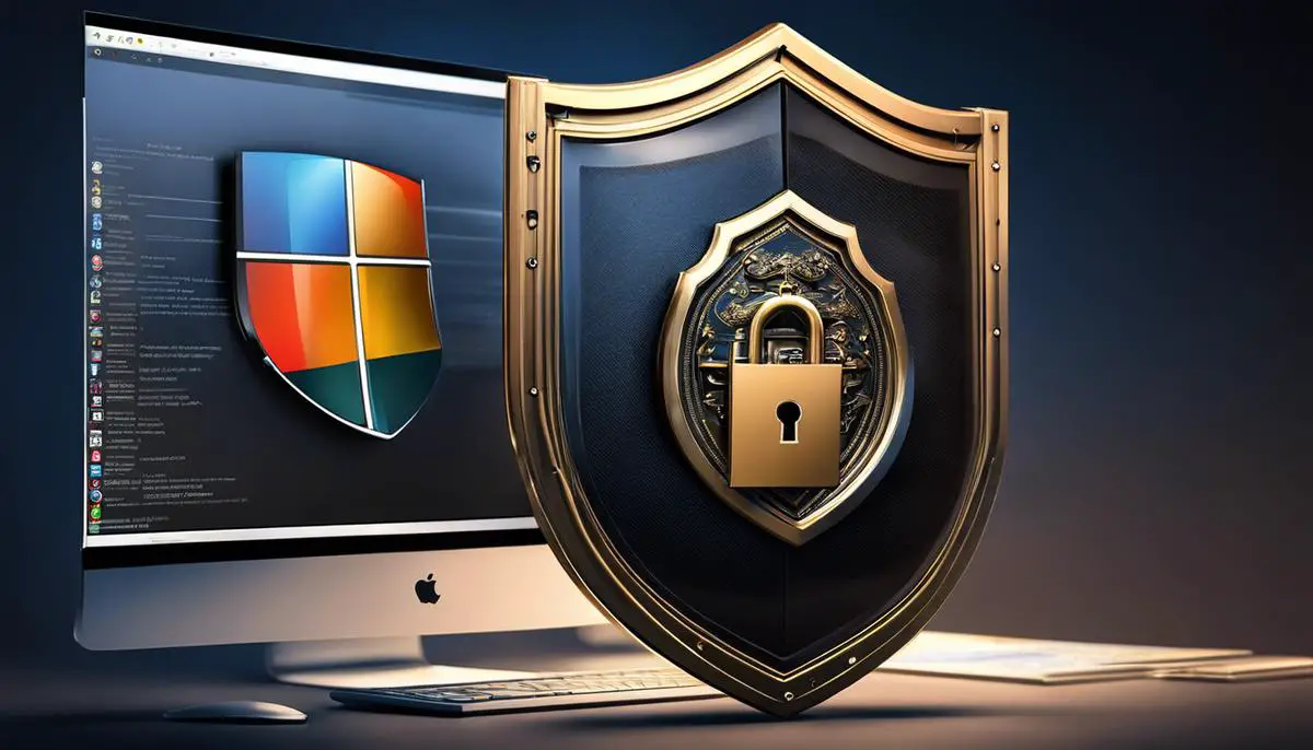 A computer screen showing a lock and shield symbol, representing privacy and security when using Windows 11.